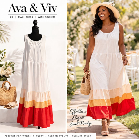Ava & Viv 2X Maxi Dress Boho Tiered Colorblock Pockets Cotton Summer - Picture 6 of 11